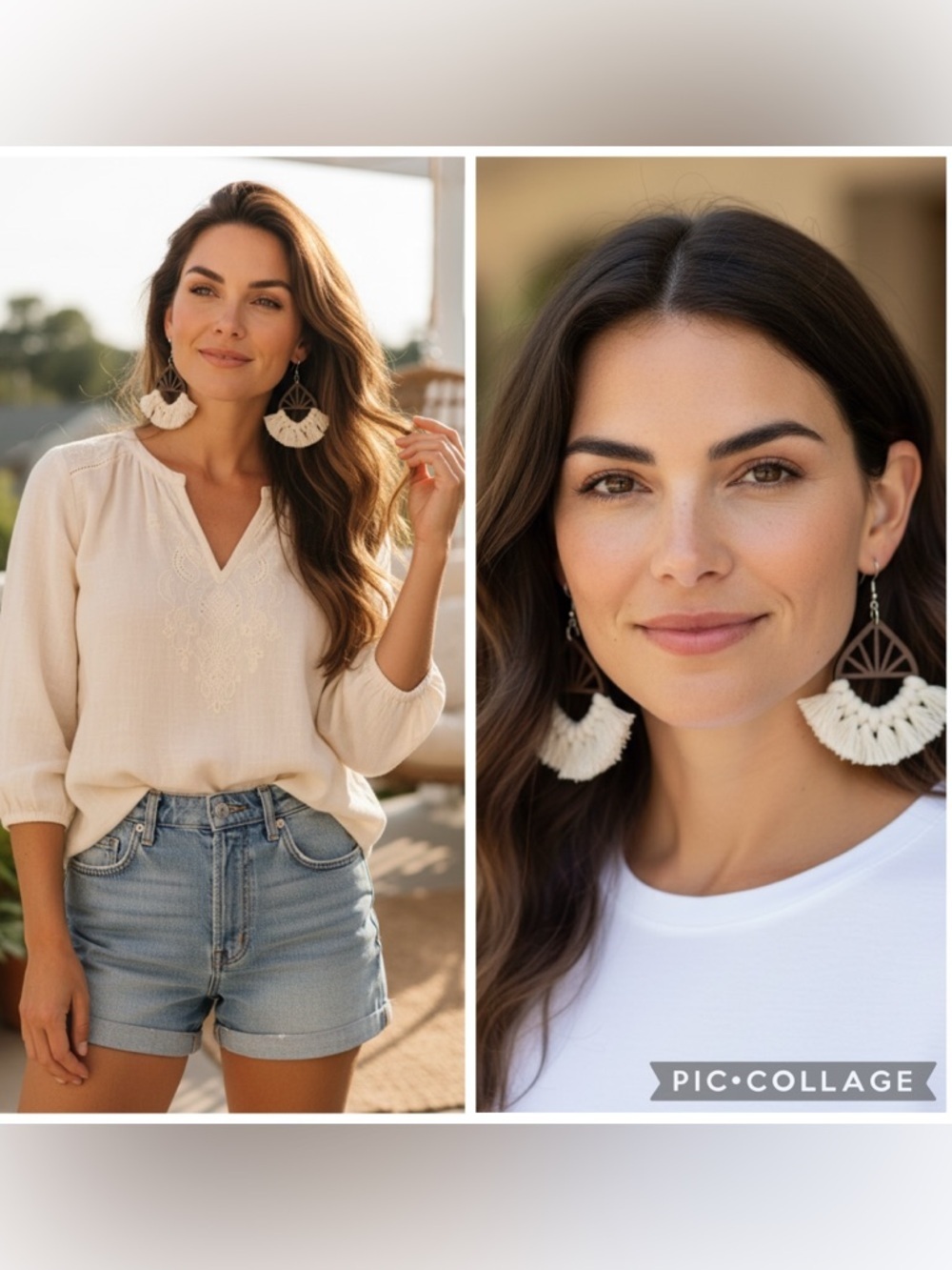 Boho Wood Tassel Statement Fringe Earrings Ivory Brown OS Size